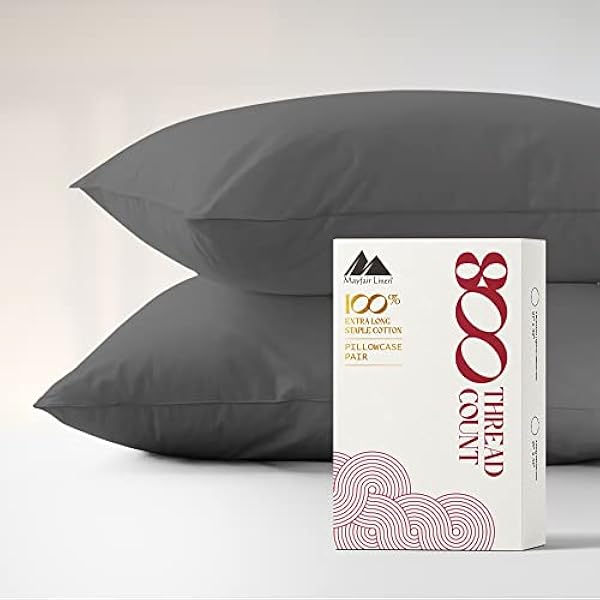 100% Egyptian Cotton Pillow Cases - 800 Thread Count Pillowcases Queen/Standard Size Set of 2, Soft, Breathable Extra Long Staple Sateen Weave Cotton Pillow Covers for Bed - Dark Grey