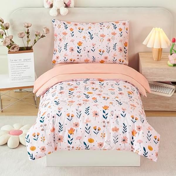 Cute Floral Toddler Bedding Set for Girls, 4 Piece Bed-in-a-Bag Toddler Microfiber Comforter Sheet Set, Botanical Flowers Printed, All Season Easy Care