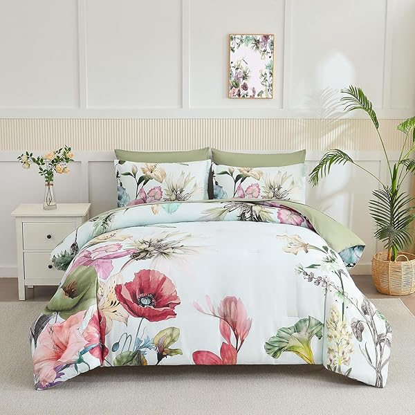 King Size Comforter Set 7 Piece Bed in a Bag,Elegant Floral Botanical Pattern Green Bedding Set,Soft Microfiber Comforter with Sheet Set,All Season Bed Set(Green Floral,King)